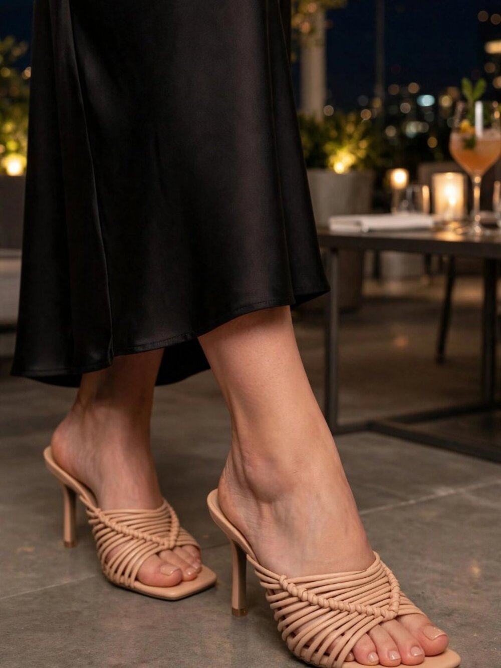 Journee Collection NWOT Woven Strappy Heeled Mules Nude 5.5 Square Toe